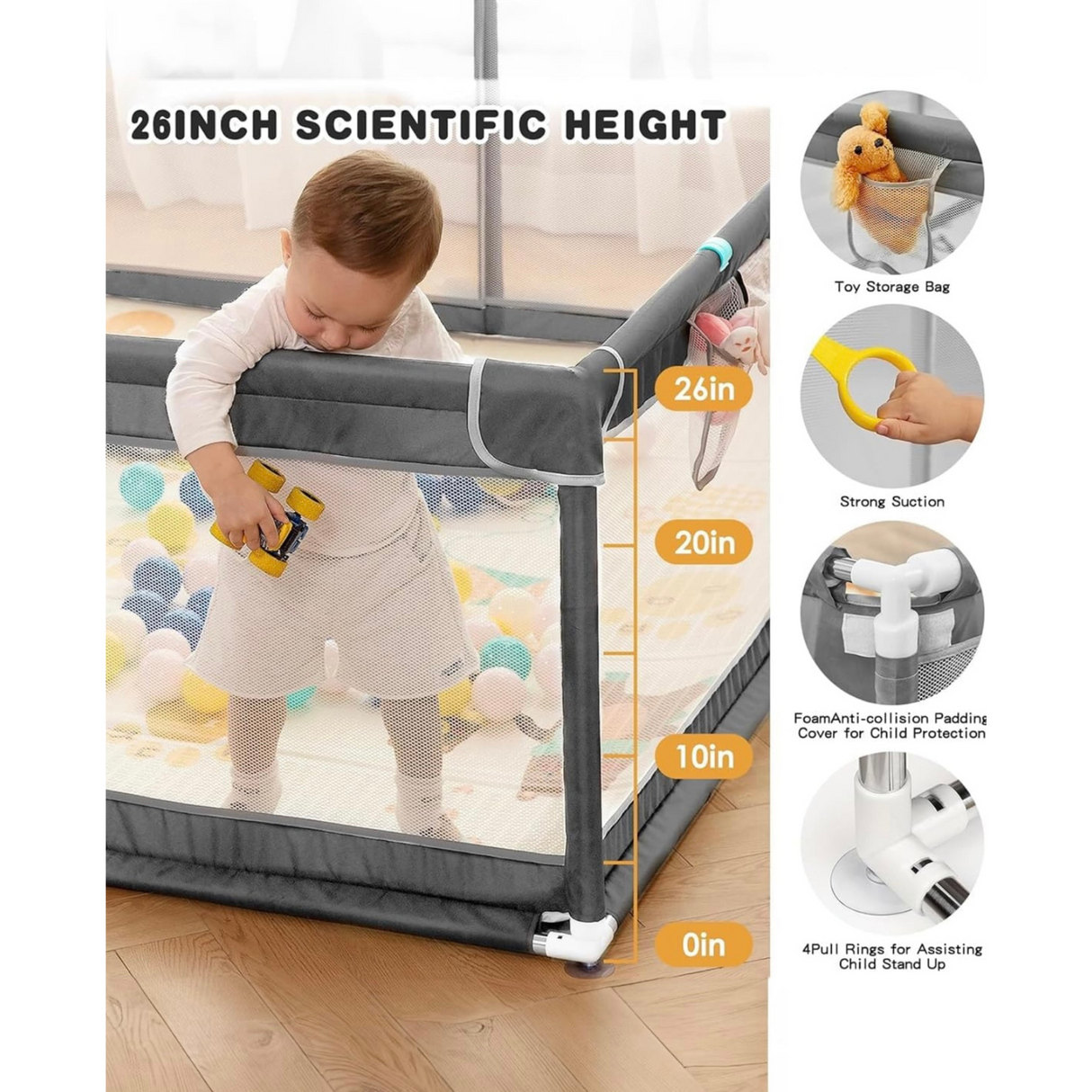 Extra large playpen showing height scale, padded frame and sturdy joints