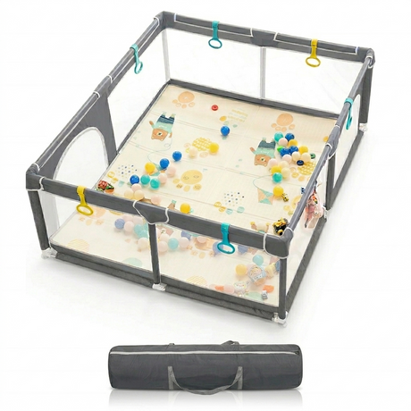 Extra large baby playpen with mesh sides and pull rings, spacious design