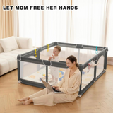 Baby playpen in use with toddler, safe enclosure frees parents’ hands