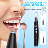 Dental calculus remover kit used to remove plaque and stains from teeth. Electric scaler shown cleaning teeth with dental mirror assistance.