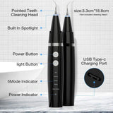 Dental calculus remover kit showing power button, LED light, and USB charging port. Electric scaler design with labeled parts and dimensions.