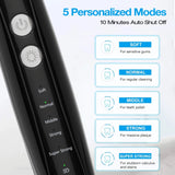 Dental calculus remover kit with 5 cleaning modes from soft to super strong. Electric scaler display highlights personalized intensity levels.