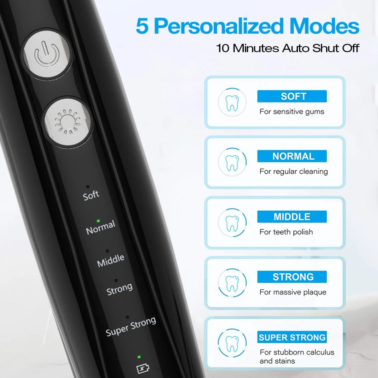 Dental calculus remover kit showing 5 personalized cleaning modes on LED display. Electric scaler designed for different gum sensitivity levels.
