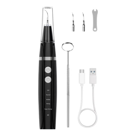 Dental calculus remover kit with electric scaler, mirror, tips, and USB cable. Complete dental cleaning tool set displayed on white background.