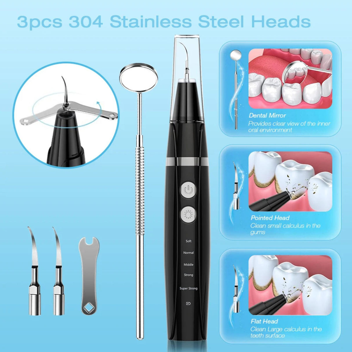 Dental calculus remover kit with 3 stainless steel cleaning heads and dental mirror. Different scaler tips shown for plaque and tartar removal.