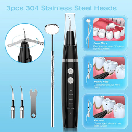Dental calculus remover kit with 3 stainless steel cleaning heads and dental mirror. Different scaler tips shown for plaque and tartar removal.