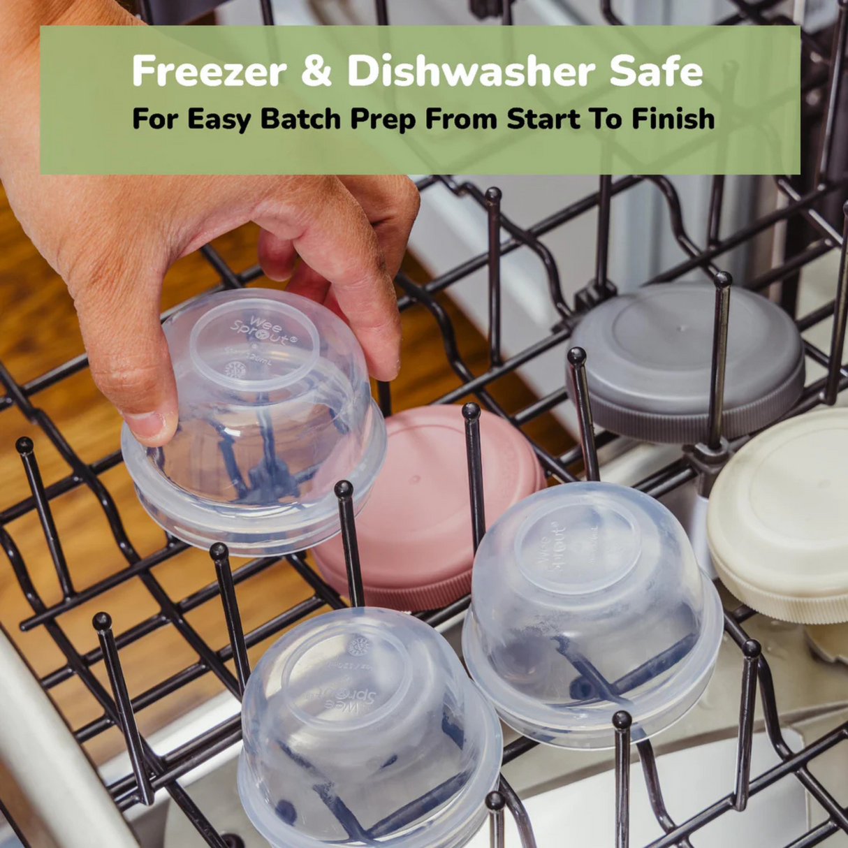 Small food containers placed in dishwasher rack for easy cleaning and reuse.