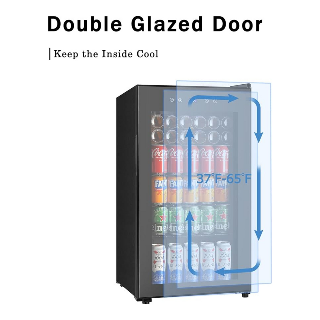 Beverage refrigerator with double glass door maintaining internal temperature between 37–65°F.