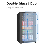 Beverage refrigerator with double glass door maintaining internal temperature between 37–65°F.