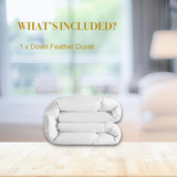 Folded duvet displayed on table with text indicating one down feather comforter included.