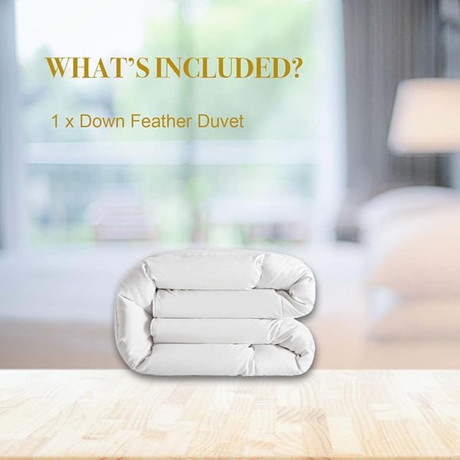 Folded duvet displayed on table with text indicating one down feather comforter included.
