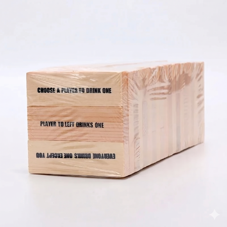 Drunken Tower drinking game set with stacked wooden blocks and printed rules