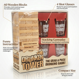 Packaged Drunken Tower drinking game set with blocks and four shot glasses