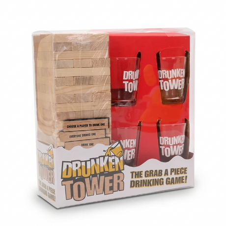 Drunken Tower game box showing stacking gameplay and included shot glasses