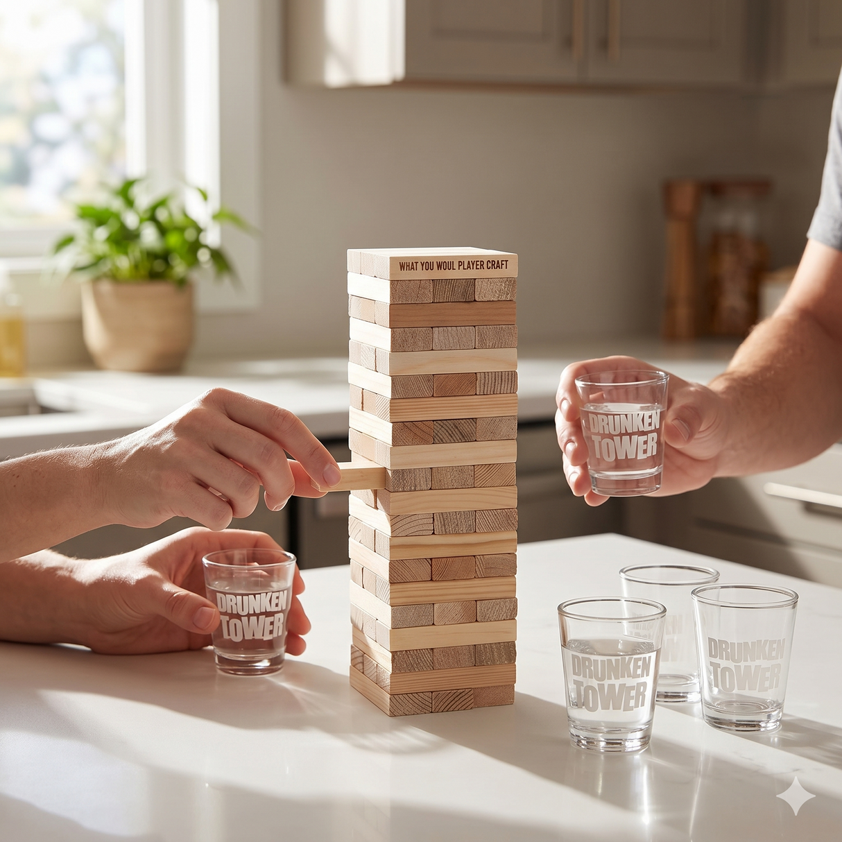 Friends playing Drunken Tower drinking game with wooden blocks and shot glasses