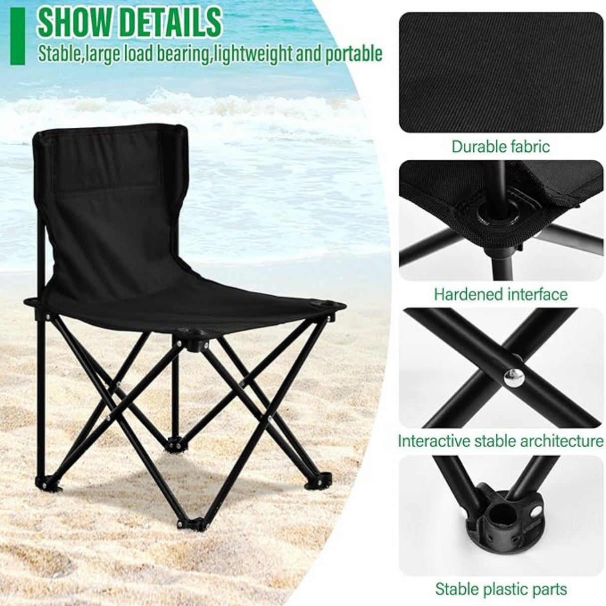 Close-up of folding chair materials including reinforced joints, stable frame, and durable fabric.