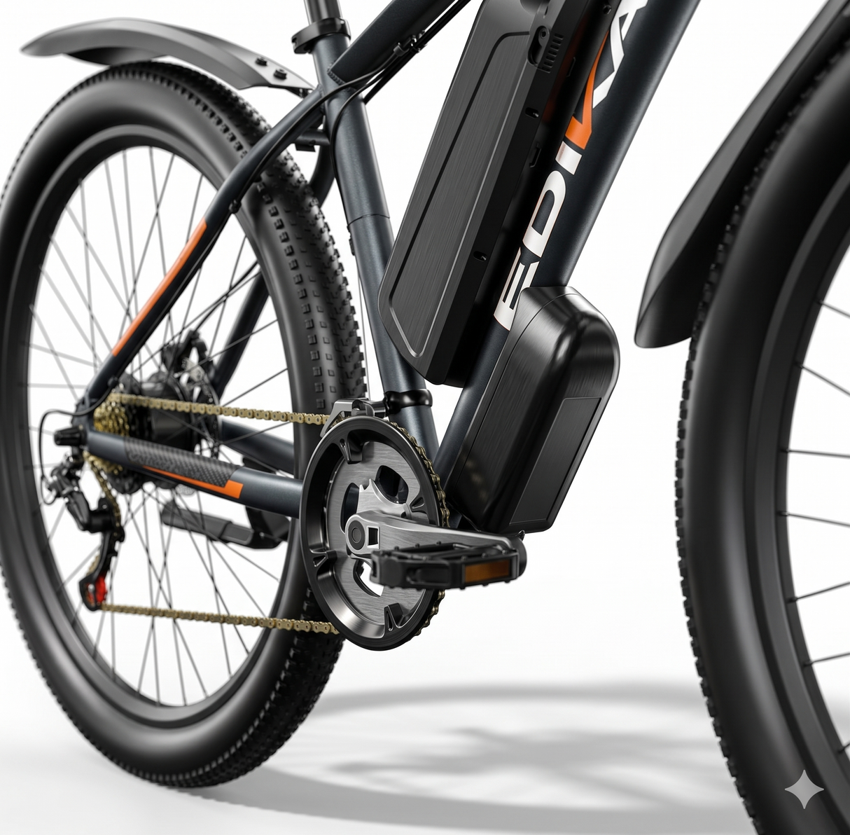 Close-up of EDIKANI electric mountain bike motor and removable battery