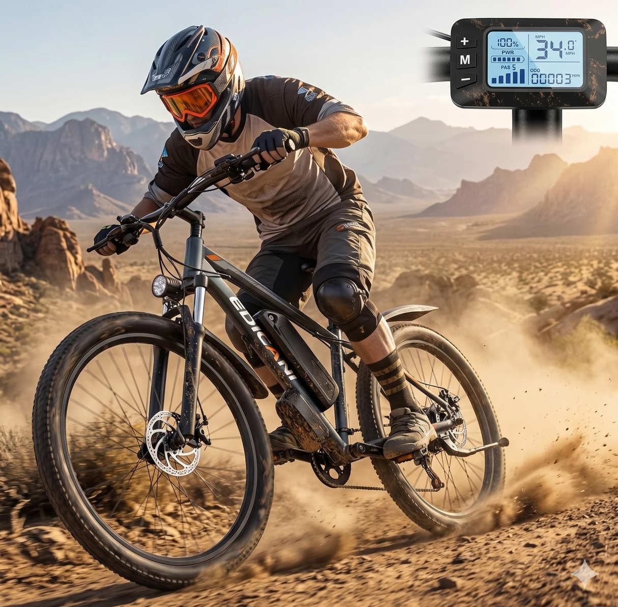 Rider using EDIKANI electric mountain bike on rugged trail with speed display