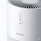 A detailed close-up of the Elechomes air purifier control panel, highlighting its sleek touch-sensitive interface and minimalist icons for power, timer, and fan speed. The image showcases the high-quality matte finish and precision craftsmanship of the device’s modern design.
