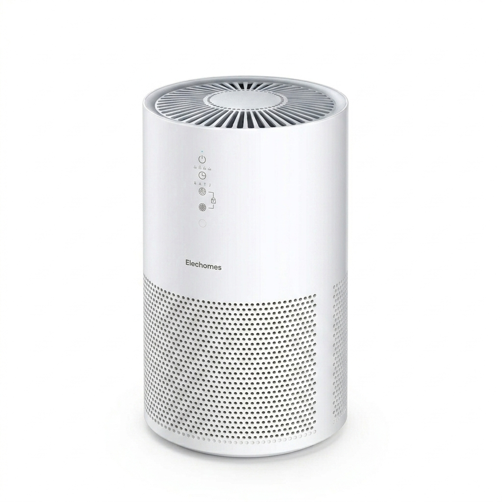This image of the white Elechomes air purifier features a sleek, minimalist design with a radial air outlet grille on top. The modern device includes a vertical touch control panel and a perforated lower body for 360-degree air intake.
