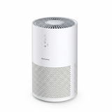 This image of the white Elechomes air purifier features a sleek, minimalist design with a radial air outlet grille on top. The modern device includes a vertical touch control panel and a perforated lower body for 360-degree air intake.