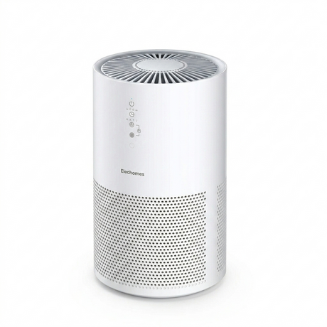 This image of the white Elechomes air purifier features a sleek, minimalist design with a radial air outlet grille on top. The modern device includes a vertical touch control panel and a perforated lower body for 360-degree air intake.