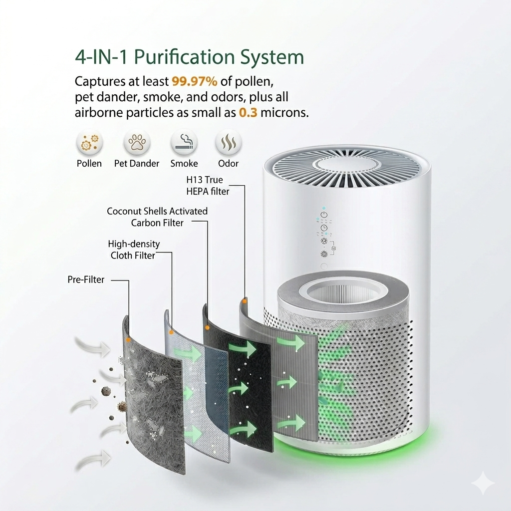 
An infographic showing the 4-in-1 purification system of the Elechomes air purifier, featuring a layered cross-section of its high-efficiency filter. The diagram illustrates the pre-filter, high-density cloth filter, activated carbon filter, and H13 True HEPA filter capturing particles like pollen and smoke.