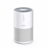 A white cylindrical Elechomes air purifier with a sleek, modern design and a top-facing air outlet grille. The device features a central control panel with touch-sensitive icons and a perforated bottom section for efficient air intake.