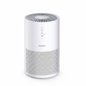 A white cylindrical Elechomes air purifier with a sleek, modern design and a top-facing air outlet grille. The device features a central control panel with touch-sensitive icons and a perforated bottom section for efficient air intake.