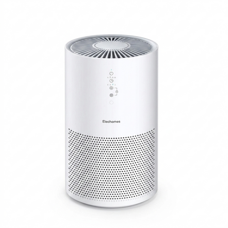 A white cylindrical Elechomes air purifier with a sleek, modern design and a top-facing air outlet grille. The device features a central control panel with touch-sensitive icons and a perforated bottom section for efficient air intake.