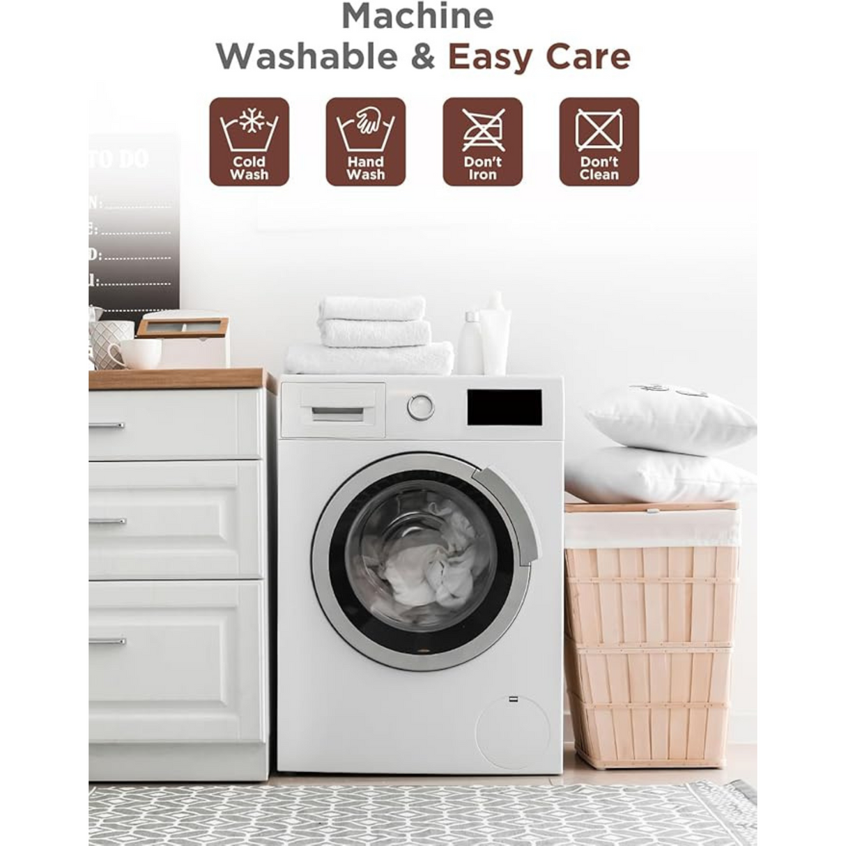 Machine washable heating pad with simple maintenance instructions and durable fabric design.