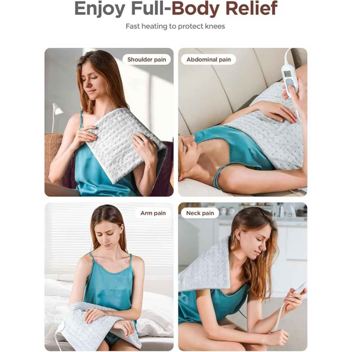 Heating pad applied on shoulder, abdomen, arm, and neck for full-body pain relief and comfort.