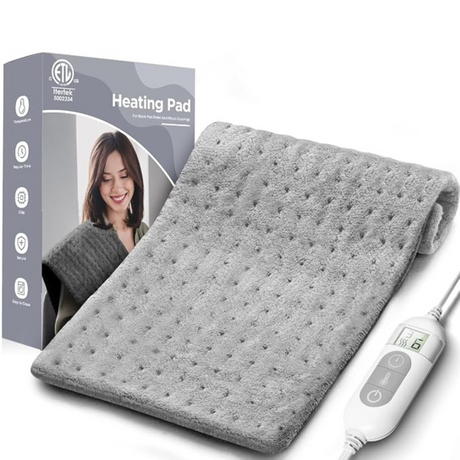 Light grey electric heating pad with soft fabric and digital controller for adjustable heat settings.