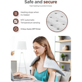 Heating pad highlighting safety features including auto shut-off, temperature control, and fold protection.