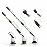 Adjustable handle electric rotating cleaning brush showing length and attachment details