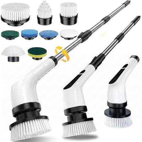 Close-up of electric rotating cleaning brush with various scrub heads attachments