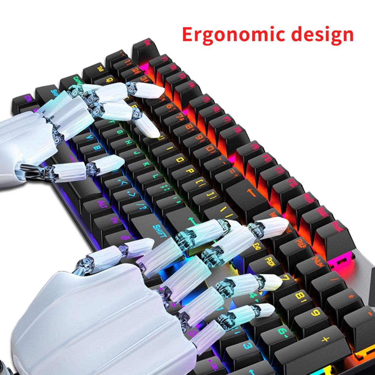 RGB mechanical keyboard with ergonomic layout and raised key design. Built for comfortable typing and gaming sessions.