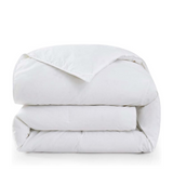 Folded white down feather comforter with soft, fluffy appearance.