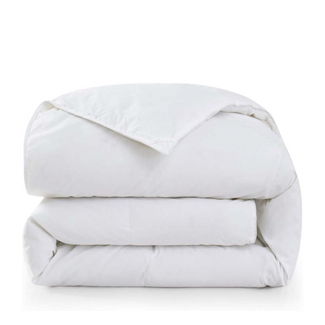 Folded white down feather comforter with soft, fluffy appearance.