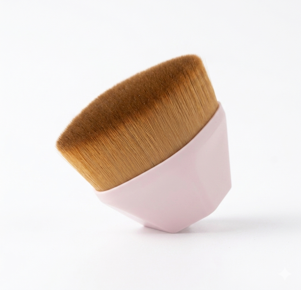 A pink flat-top foundation brush is shown on a white background, demonstrating the dense brown synthetic bristles. The brush is slightly angled, showcasing the unique shape of the bristles.op