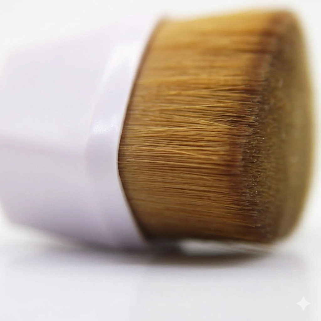 This close-up image focuses on the dense synthetic bristles and the pink handle of a flat-top foundation brush. The photograph emphasizes the brush's texture and detail.