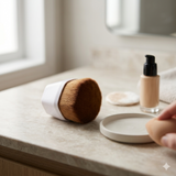 A flat-top foundation brush with a light pink handle sits on a light marble vanity countertop next to a bottle of liquid foundation and a blending sponge. The setting illustrates how this brush fits into a daily makeup routine.