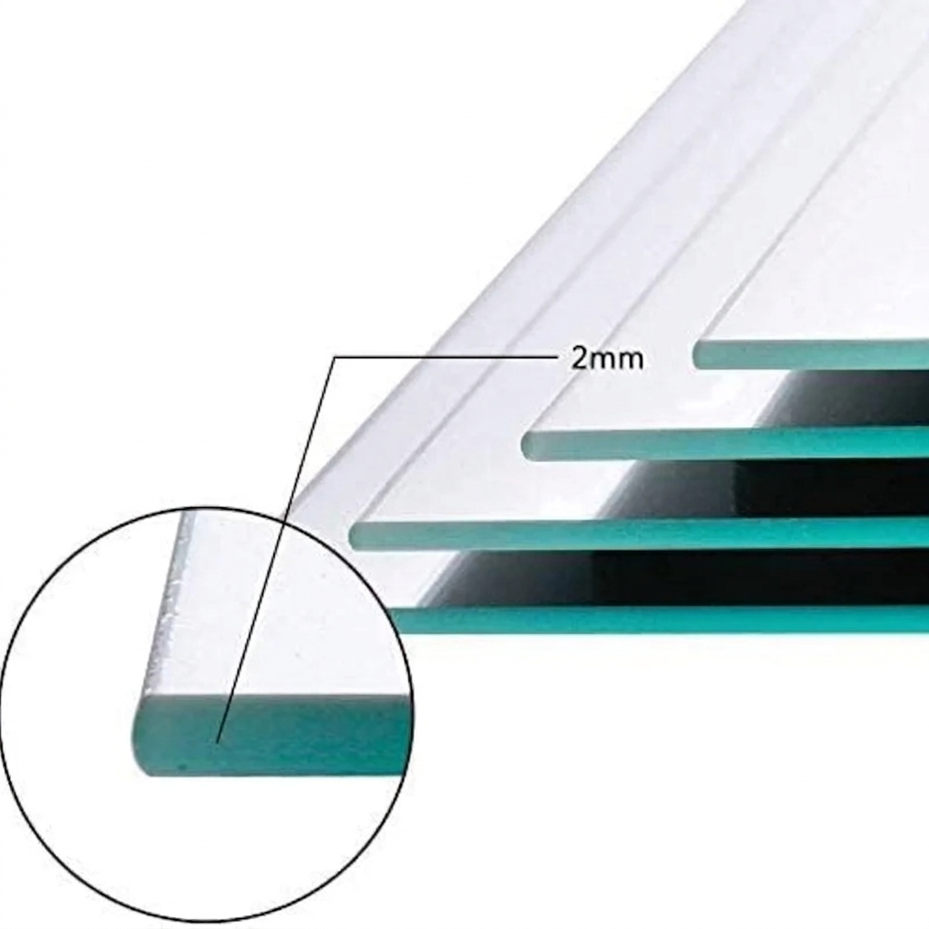 Close-up of frameless mirror tile set edges showing 2mm thickness. Smooth polished edges for safe handling and clean look.