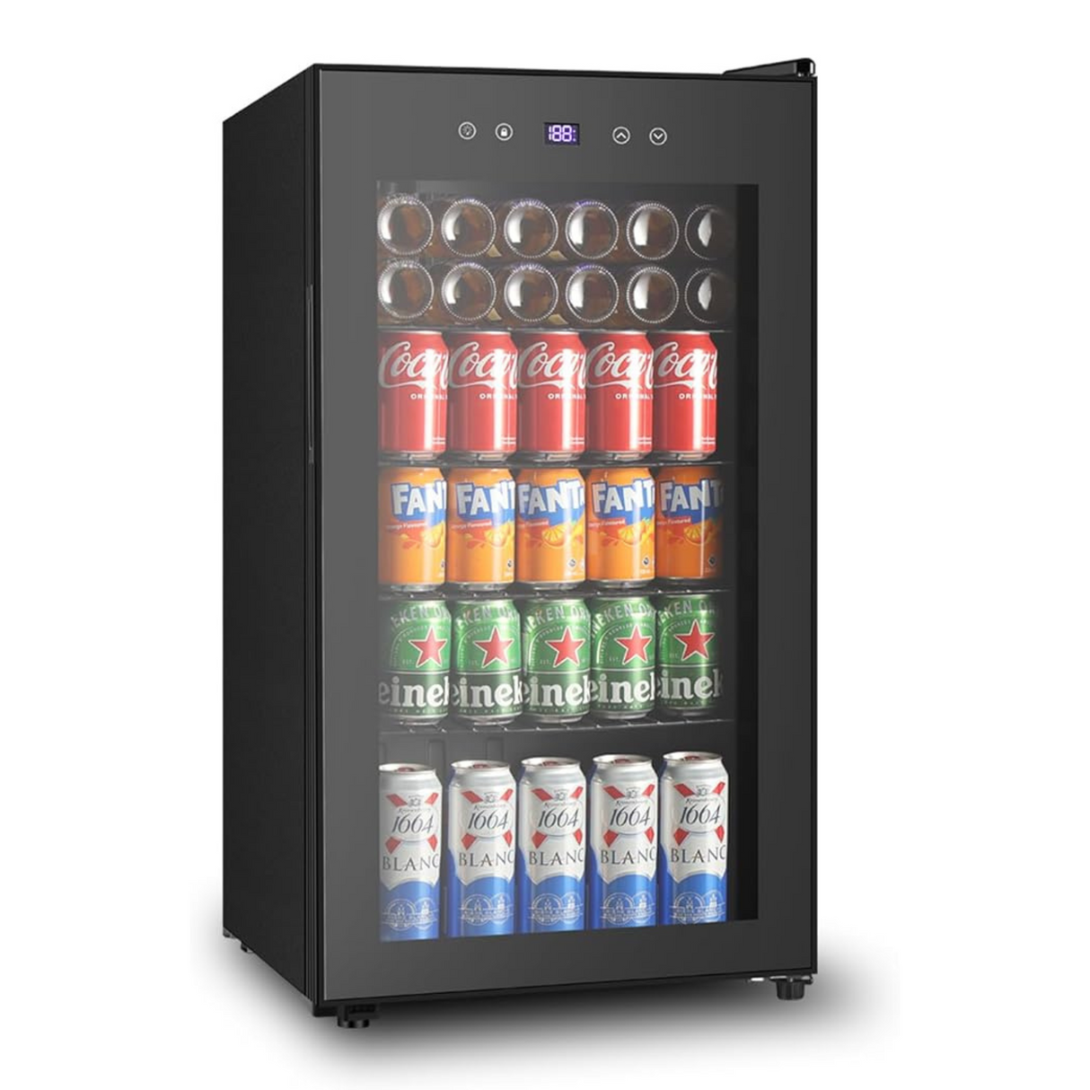 Black glass-door beverage refrigerator filled with soda cans and drinks on adjustable shelves.