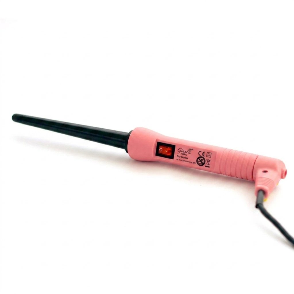 A studio product image of the pink Ginalli Milano tapered curling wand resting at an angle on a pure white surface.