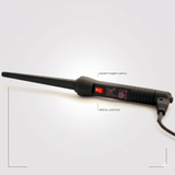 A product diagram of the black Ginalli Milano tapered curling wand on a clean white background, with callout labels and pointer lines identifying the "ON/OFF POWER SWITCH" and "SPECIAL LIGHTING" features
