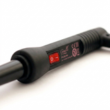 A close-up shot of the black Ginalli Milano professional curling iron handle highlights the red "on/off" rocker switch and the brand's Pro Series logo. The image showcases the matte finish and the ergonomic grip of the heat styling tool against a clean white background.