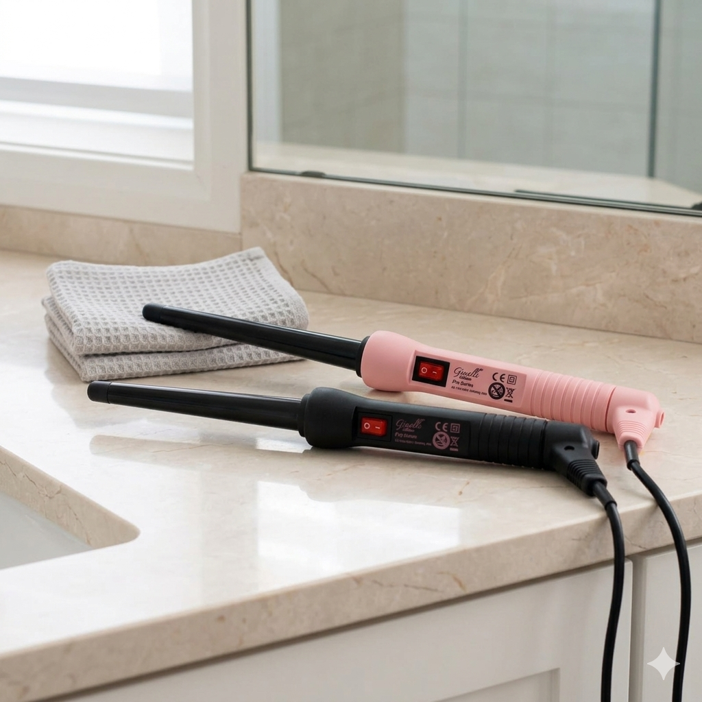 Two Ginalli Milano professional curling irons, one in pink and one in black, are resting on a marble bathroom counter next to a folded grey towel. Both styling tools feature a tapered wand design and a simple red power switch on the handle.