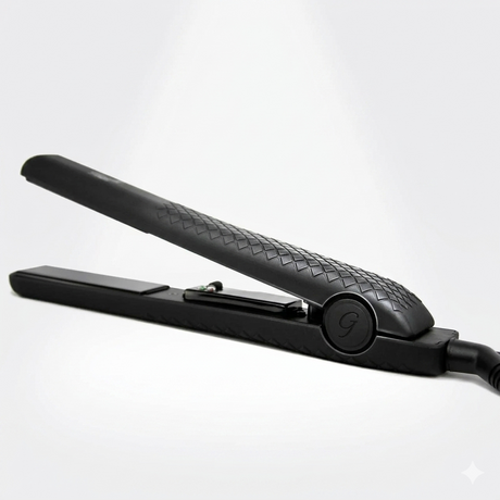 A side-angle shot of the matte black Ginalli Milano Tourmaline Flat Iron against a clean white background, highlighting its ergonomic handle and textured grip.