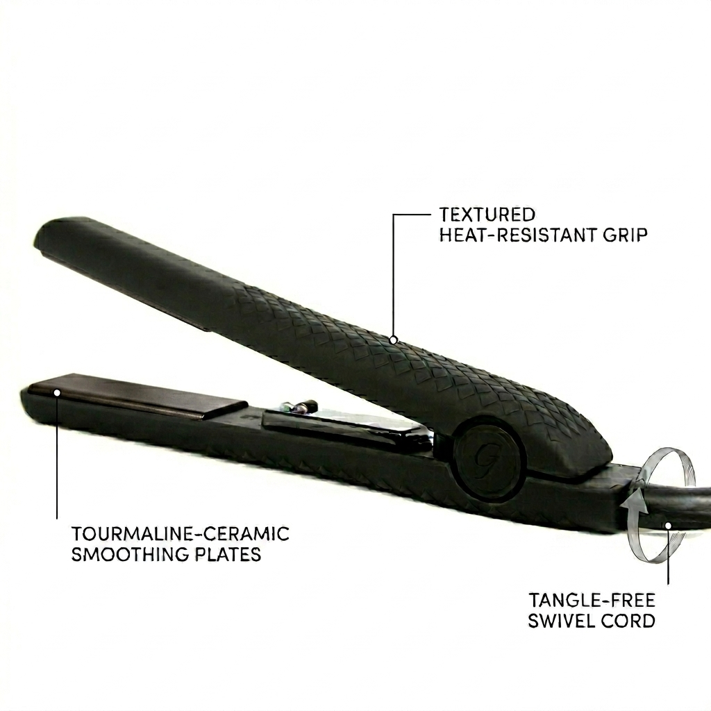 Ginalli Milano Tourmaline Flat Iron highlighting textured heat-resistant grip and ceramic plates. The hair straightener also features a tangle-free swivel cord for easy styling.